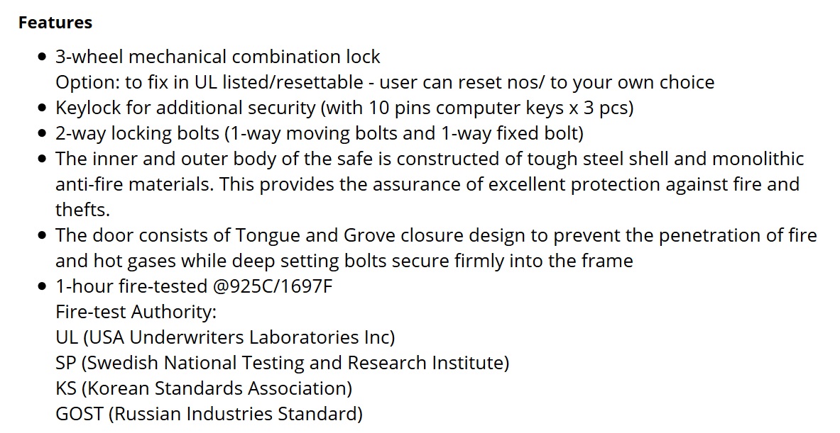Combination Dial & Keylock Safes - Features