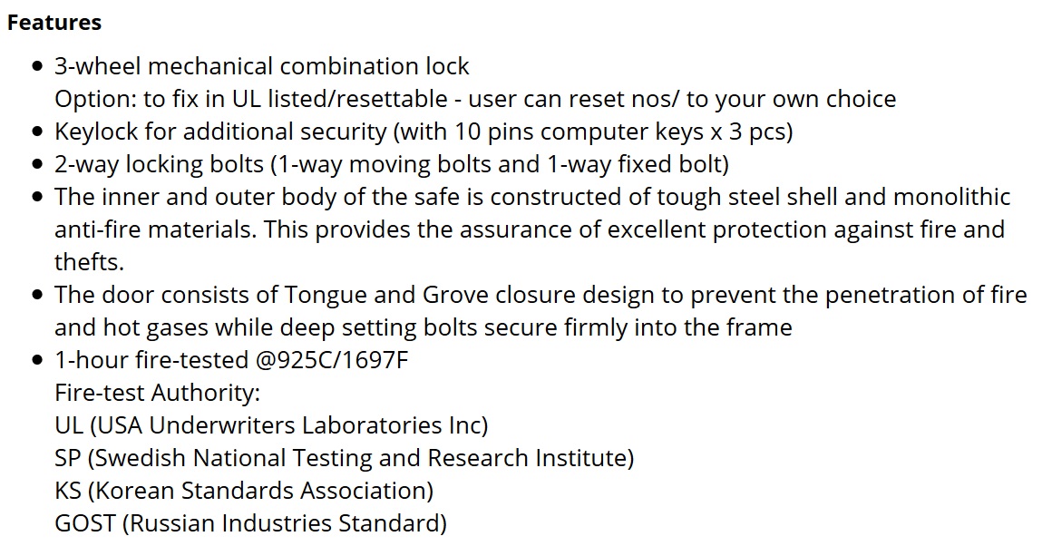 Combination Dial & Keylock Safes - Features