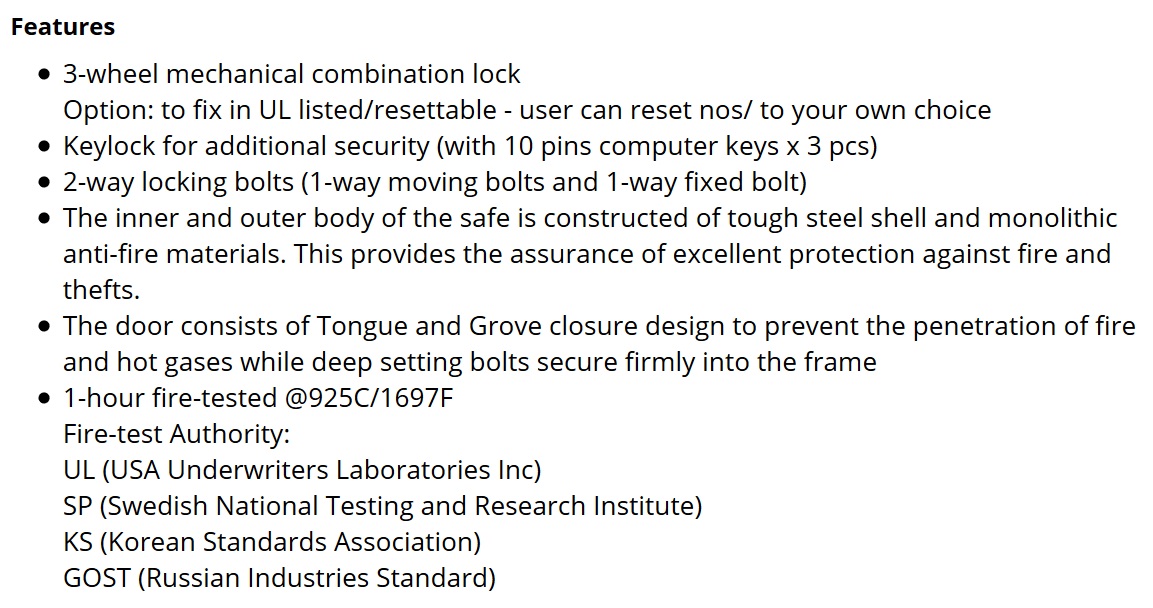 Combination Dials & Keylock Safes - Features