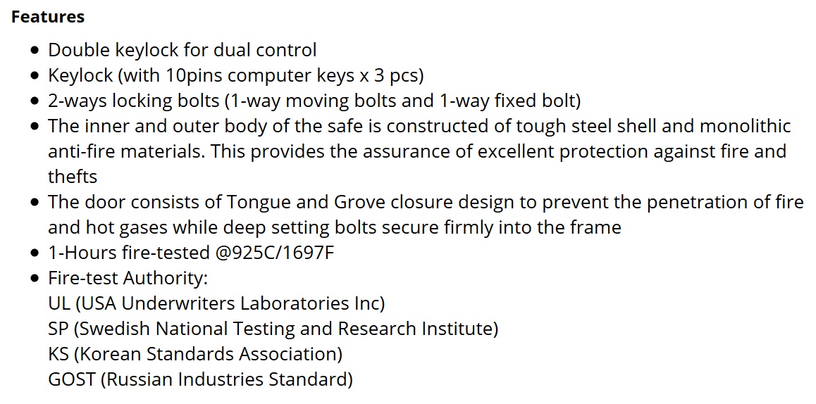 Double Keylock Safes - Features